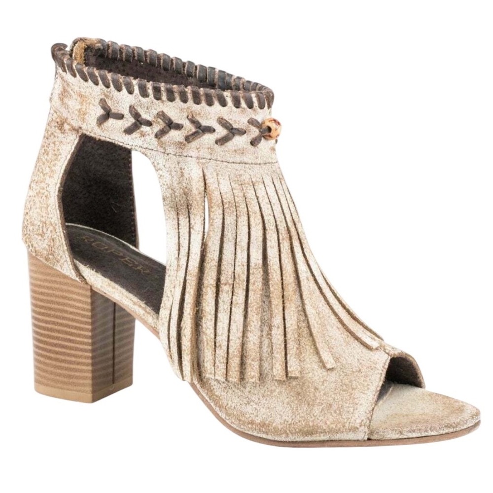 Roper Bettina Vintage Tan Suede Fringe Mule Western Block Heel Bootie 09021-0946